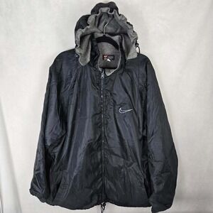 VTG Nike Windbreaker Jacket XXL Dark Blue Ripstop Fleece Hooded Zip 90s Made USA
